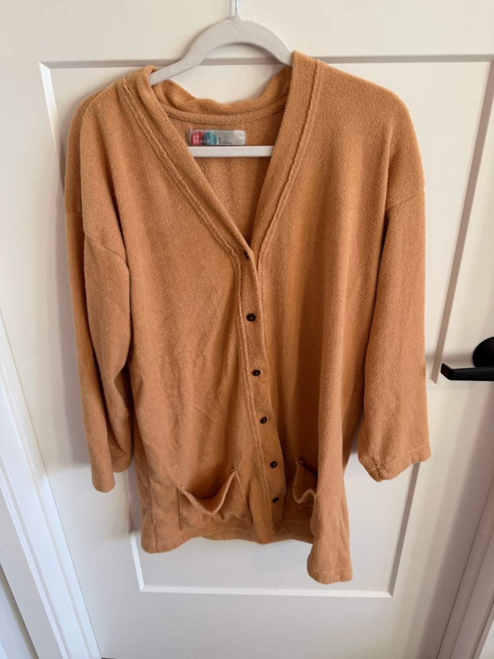FP Beach Free People Terry Cloth Cardigan Hoodie Tan Button Front Cozy Lounge M